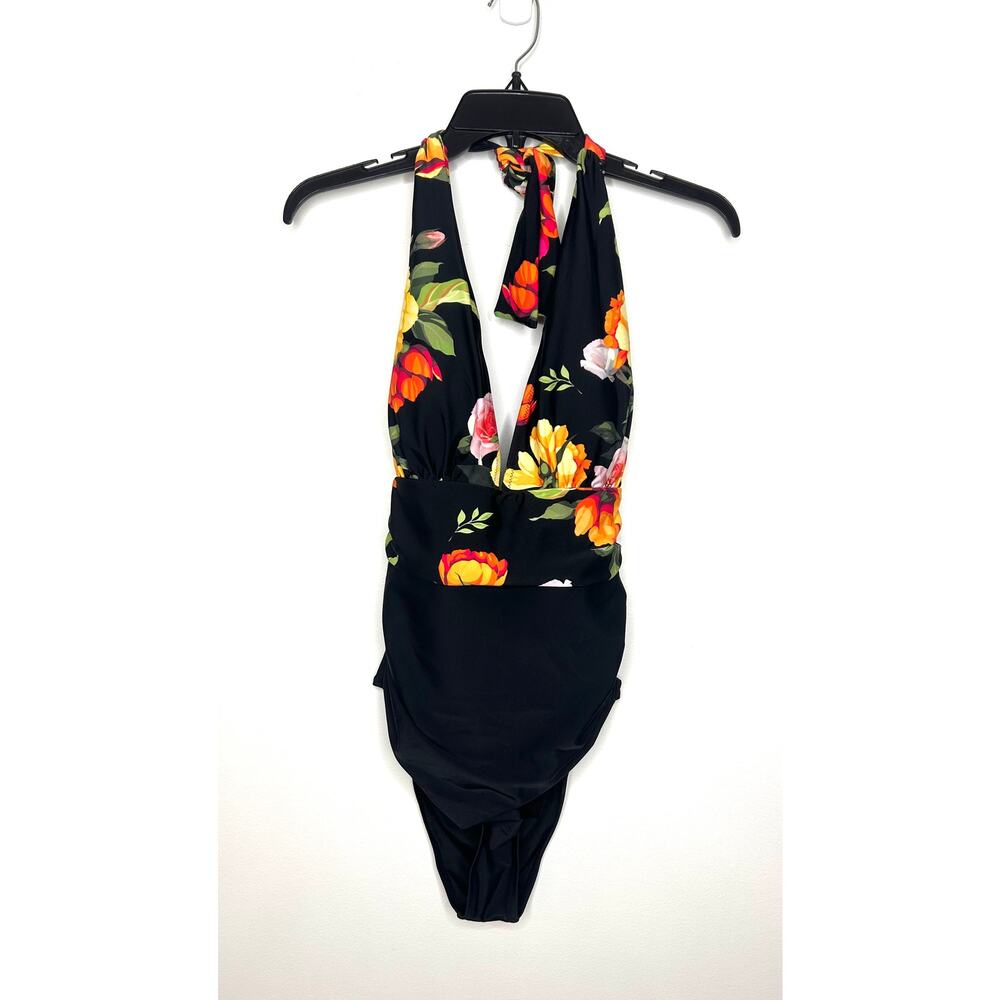 CUPSHE Floral And Black Plunge Halter One Piece Swimsuit XL